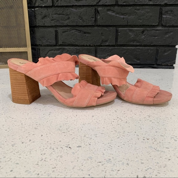 Free People Pink Suede Rosie Ruffle Slip On Double Strap Open Toe Heels - Picture 9 of 11
